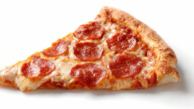 Delicious slice of pepperoni pizza with melted cheese, photographed in realistic style on clean white background, concept of fast food meal
