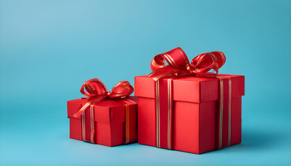 Obraz premium Chinese lunar new year Chunjie celebration concept. red gift boxes with ribbons and bows on a blue background