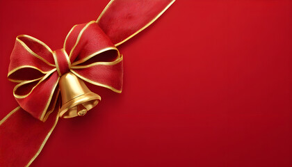 Red background template with golden bell ribbon bow for holiday greeting card poster design.
