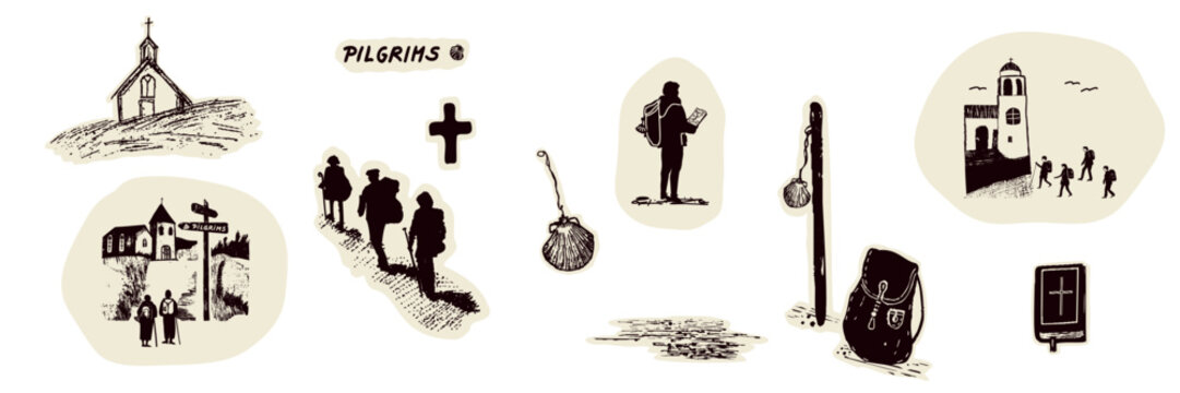 Collection of pilgrim group walking on path to church on trail. Country landscape with camino signpost, pilgrims way shell, men and women for Canterbury Camino pilgrimage walk. Faith based Icon set.