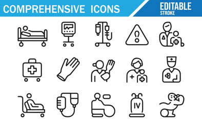 Comprehensive Set of Medical and Healthcare Line Icons, Editable Stroke, Doctor, Nurse, Patient, First Aid, IV Drip, Hospital, Baby, Family, Emergency, Vector Illustration.