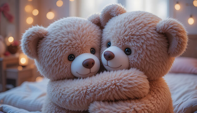 Teddy Bear Hug with bedroom background, showing warmth and love