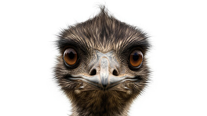 A close-up headshot of a majestic emu looking directly forward on a white backdrop