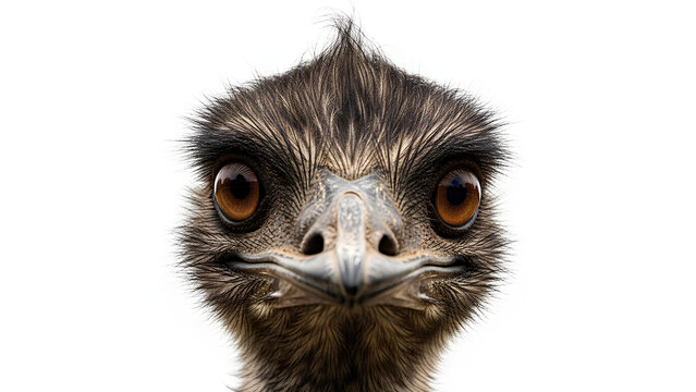A close-up headshot of a majestic emu looking directly forward on a white backdrop