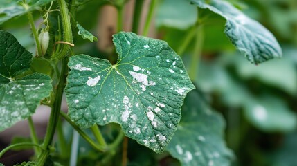 Obraz premium A large, green leaf displays scattered patches of white, indicating signs of a plant disease. The leaf is surrounded by other green foliage, showing it as part of a larger plant in the garden.
