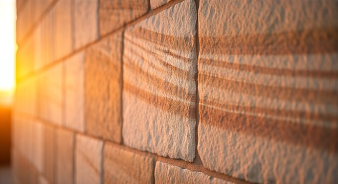 Closeup of a sandstone wall with horizontal stripes and sunlight.