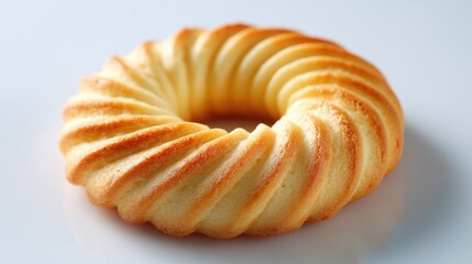 Indulge in a delicious treat! This golden-brown baked pastry features a unique circular shape with textured ridges, perfect for a sweet treat. Baked to perfection, enjoy this light cake.