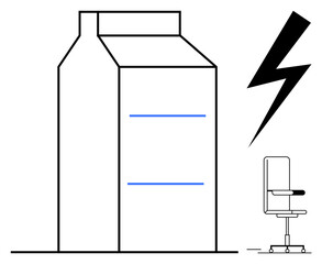 Product packaging, minimalism, design elements, creative concepts, workspace setups, branding. Stylized milk carton next to a modern office chair and a bold lightning bolt icon. Product packaging