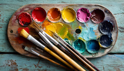 Fototapeta premium Close-up video of a colorful artist's palette with vibrant paints and brushes on a rustic wooden table, captured from a top-down angle.