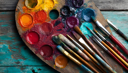 Fototapeta premium Close-up video of a colorful artist's palette with vibrant paints and brushes on a rustic wooden table, captured from a top-down angle.