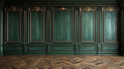 Elegant dark green wood paneling interior wall, herringbone hardwood floor, empty room, design background