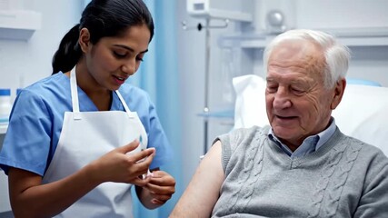 Compassionate Healthcare Professionals Administering Vaccination to Elderly Patient in Modern