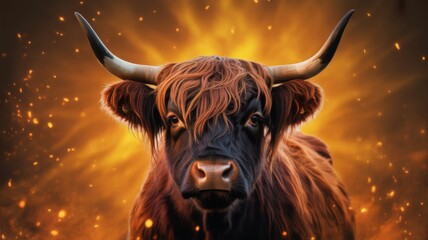 Majestic Highland cow with impressive horns, standing in front of warm glowing background