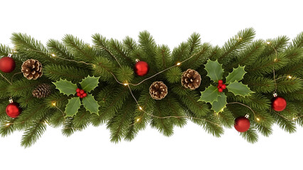 Christmas garland border with red and gold ornaments, pine cones, red ribbon bow, wooden snowflake and holly berries, realistic pine branch winter frame isolated on white background