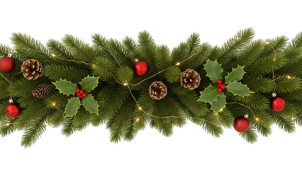 Christmas garland border with red and gold ornaments, pine cones, red ribbon bow, wooden snowflake and holly berries, realistic pine branch winter frame isolated on white background