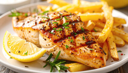 Grilled white fish with crispy fries, closeup. AI