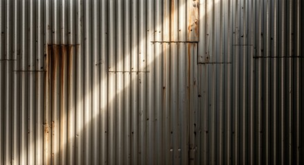 Obraz premium Corrugated Metal Wall with Rust and Sunlight Abstract Background.