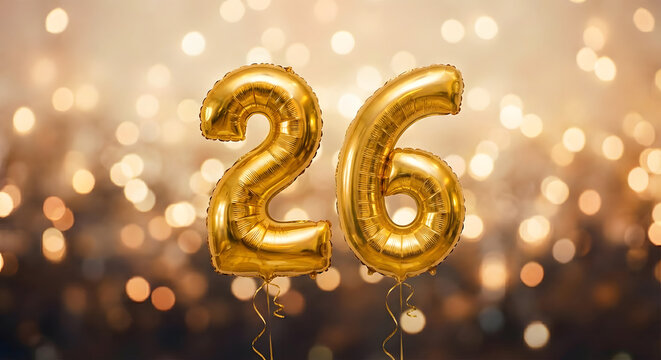 Festive 26th Birthday Celebration with Gold Number Balloons and Sparkling Background