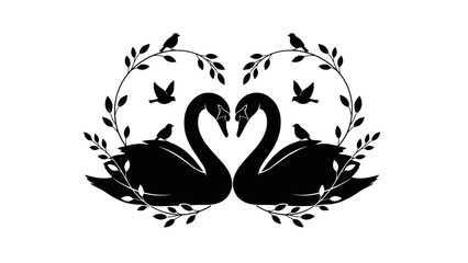 Set of black and white flower vector illustrations and swan bird silhouettes in a floral tattoo design style featuring nature elements, hearts, and elegant animal patterns for a love symbol © AHMAD KHOIRI