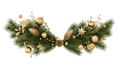 Realistic Christmas garland border with gold ornaments, pine branches and cones, festive holiday banner decoration, luxury evergreen frame isolated on white background for New Year celebration