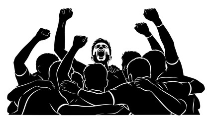 Victory Celebration: A silhouette depicts a triumphant team, arms raised high in jubilant celebration, capturing the raw energy and unity of the moment.