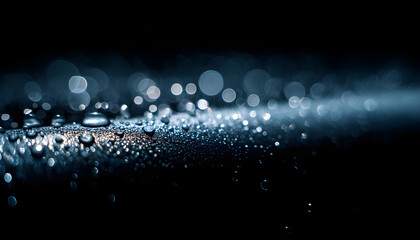 A closeup of water droplets on a surface, captured with a shallow depth of field to emphasize the droplets against a dark background. The droplets are illuminated by a soft light source