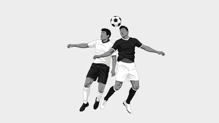 Elevated soccer duel: Two determined footballers leap towards the sky, battling for control of a soccer ball during an intense match. Capturing the thrill of the sport, their focus is on the ball.