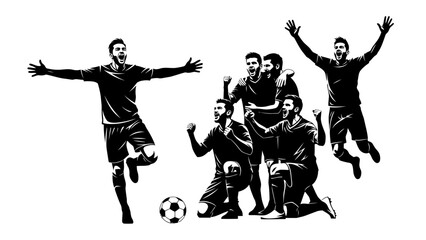 Triumph in the Game: An energetic soccer team celebrates a thrilling victory, their jubilation captured with dynamic silhouettes against a stark backdrop.