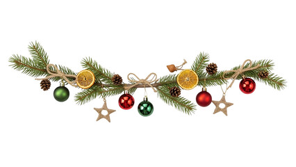 Rustic Christmas garland with dried orange, pine cones, red and green baubles, jute twine and natural evergreen, handmade holiday decoration banner isolated on white background