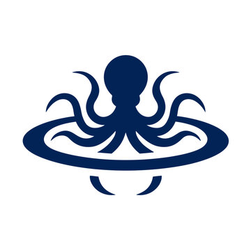 Abstract blue octopus icon with orbital ring, modern stylized vector graphic symbol for business, technology, and creative design projects.