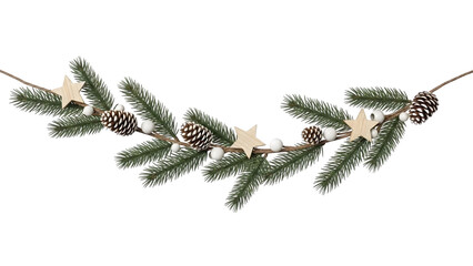 Minimalist Scandinavian Christmas garland with wooden stars, pine cones, white beads, fir branches, and rustic natural evergreen, modern handmade festive decoration isolated on white background