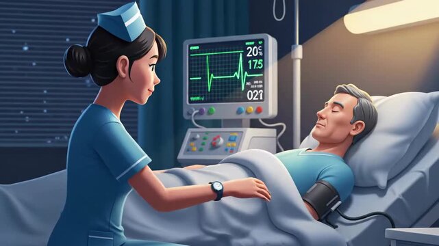 Compassionate Nurse Monitoring Elderly Patient in Hospital Intensive Care Unit Healthy Aging