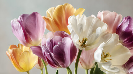 Obraz premium Tulip background, tulips, realistic botanical texture, soft natural light, full-frame, high-resolution, clean commercial aesthetic.