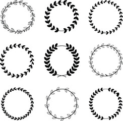 A set of nine black and white minimalist leaf wreaths and circular frames