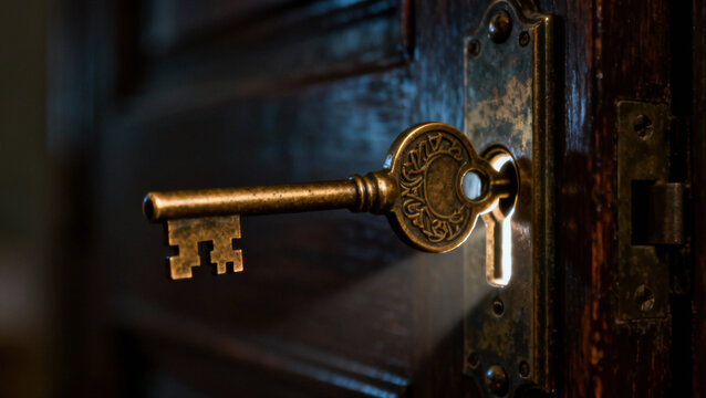 Vintage brass key entering a rustic wooden door lock with dramatic lighting