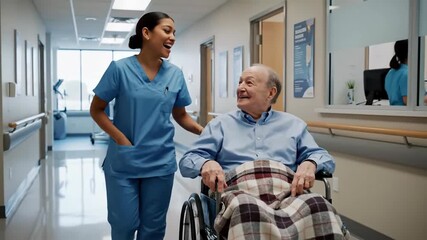 Compassionate Hospital Care With Young Nurse Assisting Elderly Patient In Wheelchair Friendly