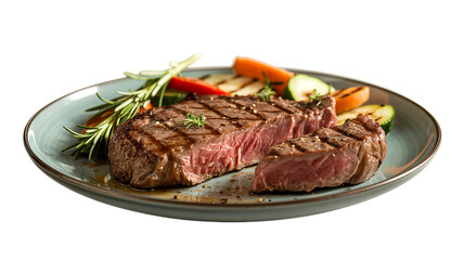 Delicious grilled beef steak with roasted vegetables and rosemary on a plate, isolated on transparent background.