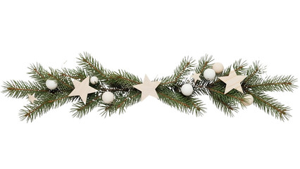 Scandinavian Christmas garland with wooden stars, white balls, fir branches, snow, and natural evergreen, modern handmade festive decoration isolated on white background for New Year
