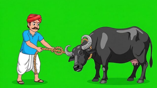 Farmer tying rope on a buffalo vector green screen animation