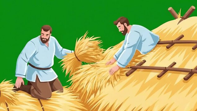 Man repairing a thatched roof with straw bundles  vector animation  green screen video