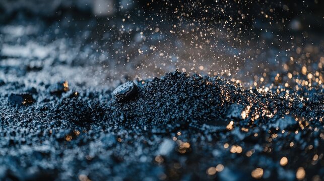 Detailed close-up of hot asphalt pouring from the bucket, construction process, and roadwork