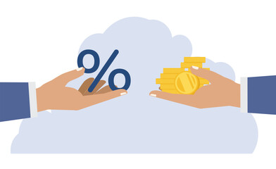 Hands holding percent and coins. Investment attractiveness of projects, obtaining high interest from deposits, increasing profits from an investment deposit or from securities