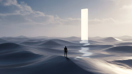 Lone figure observing luminous monolith in futuristic landscape
