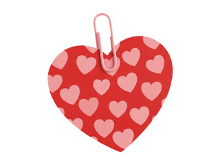 3D rendered red heart note with pink hearts pattern, paper clip attachment, love and romance concept design, Valentine's Day graphic element