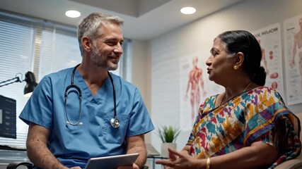 Compassionate interaction Between Male Doctor and Smiling Female Patient in Medical Office