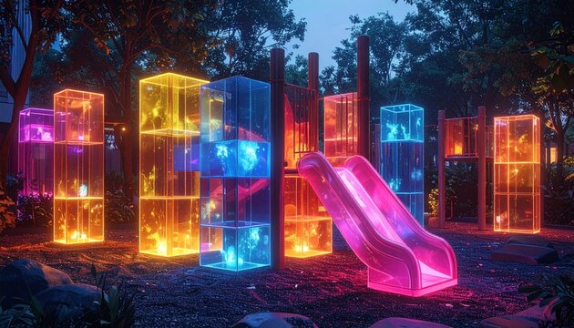 Colorful playground of transparent glowing cube modules with slides, illuminated by multicolored lights at night.