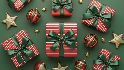 Christmas Gifts with Red and Green Wrapping and Decorations