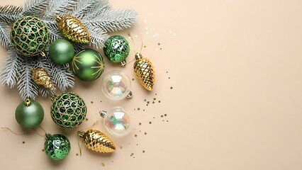 christmas ornaments and pine branches on beige