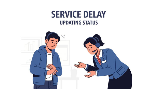 Customer support agent informs a frustrated client about a service delay and ongoing status update, depicting challenges in business communication and user experience