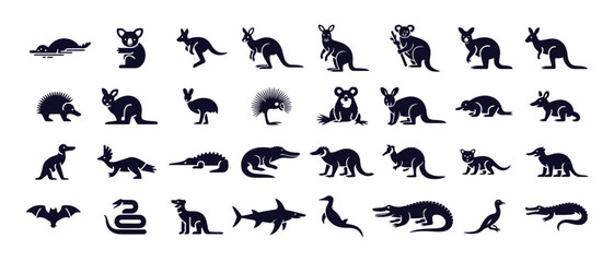 Comprehensive group of black silhouettes representing iconic australian wildlife species from the outback and ocean